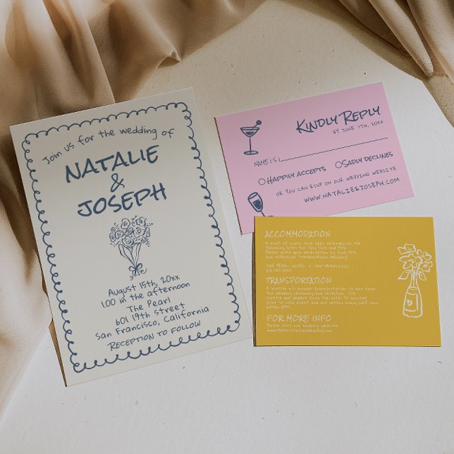 Retro Navy blue Hand Drawn Written Funky Wedding Invitation (Creator Uploaded)