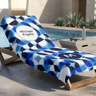 Retro Navy Blue Mid Century Modern Custom Name Beach Towel