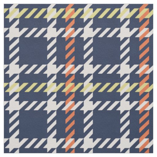 Retro navy blue orange houndstooth plaid pattern fabric