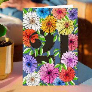 Retro Navy Blue Personalized 21st Birthday Floral Card