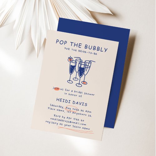 Retro Navy Blue Pop The Bubbly Bridal Shower Invitation