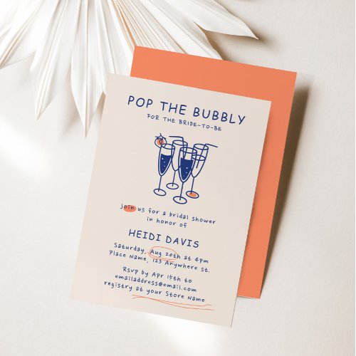 Retro Navy Blue Pop The Bubbly Bridal Shower Invitation