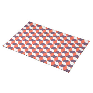 Retro Navy Blue Red Cube Modern Geometric Pattern Cloth Placemat