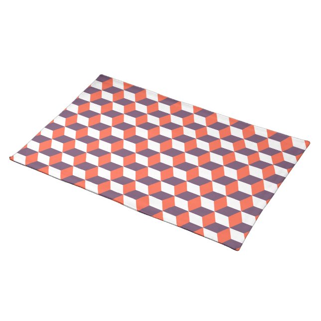 Retro Navy Blue Red Cube Modern Geometric Pattern Cloth Placemat (On Table)