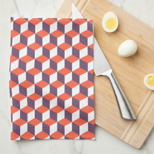 Retro Navy Blue Red Cube Modern Geometric Pattern Kitchen Towel