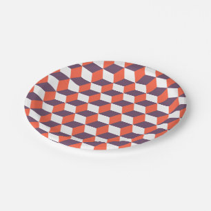 Retro Navy Blue Red Cube Modern Geometric Pattern Paper Plates