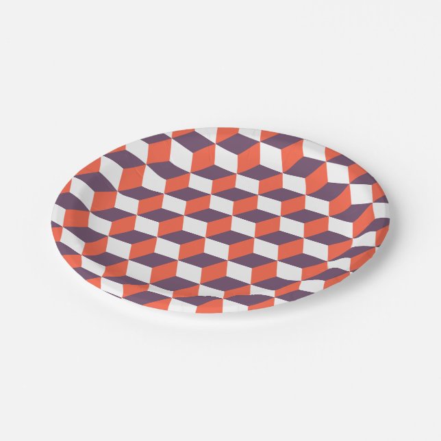 Retro Navy Blue Red Cube Modern Geometric Pattern Paper Plates (Angled)