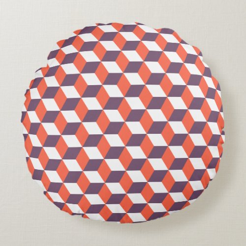 Retro Navy Blue Red Cube Modern Geometric Pattern Round Pillow