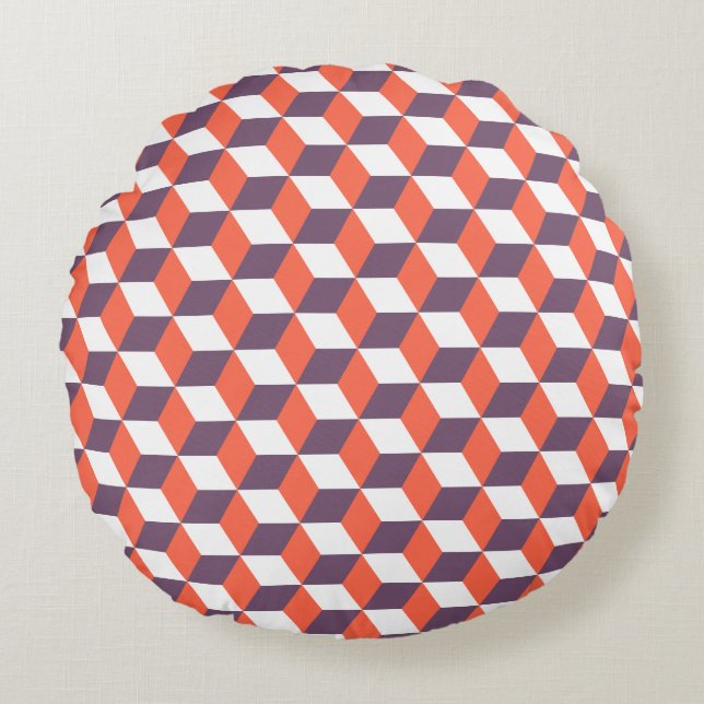 Retro Navy Blue Red Cube Modern Geometric Pattern Round Pillow (Front)