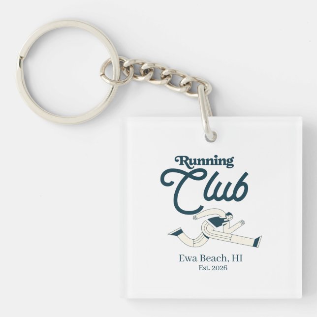 Retro Navy Blue Running Club Personalized Graphic Keychain (Front)