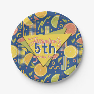 Retro Navy Blue Summer Citrus Fruit Birthday Paper Plates