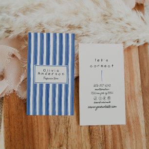 Retro Navy Blue Teal Hand Drawn Stripes Boho  Business Card