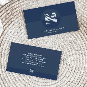 Retro Navy Blue White Geometric Modern Monogram Business Card