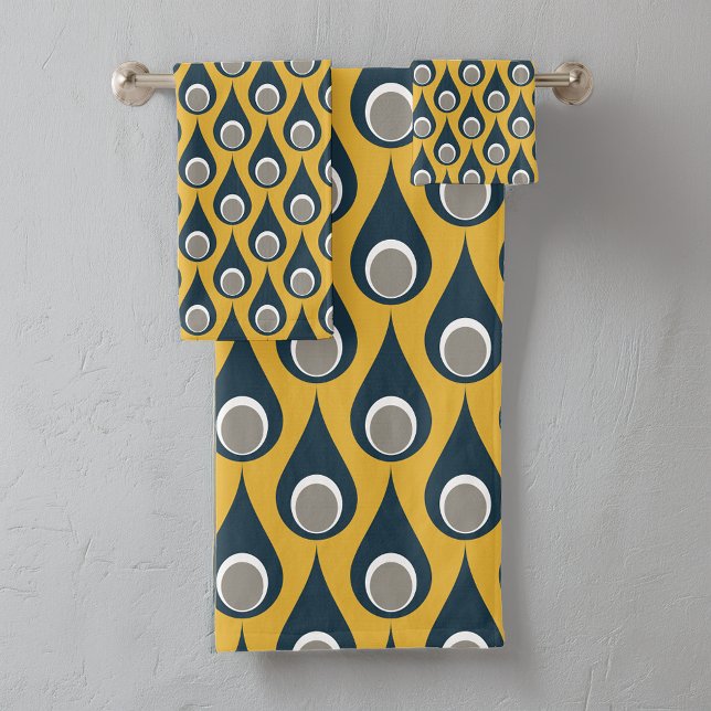 Retro Navy Mustard Geometric Drops Pattern  Bath Towel Set (Creator Uploaded)