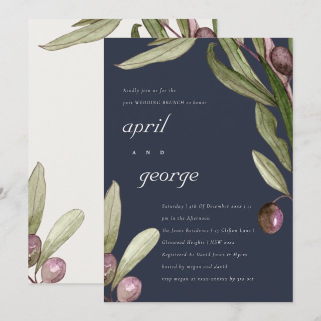 RETRO NAVY OLIVE FOLIAGE POST WEDDING BRUNH INVITE (Front/Back)