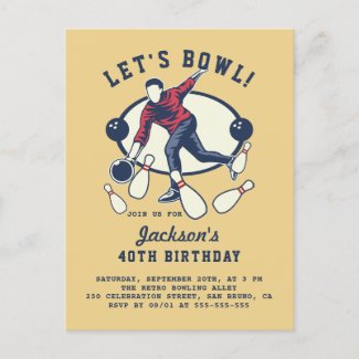 Retro Navy, Red & Mustard Bowling Birthday Party Invitation Postcard