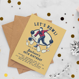 Retro Navy, Red &amp; Mustard Bowling Birthday Party Invitation Postcard