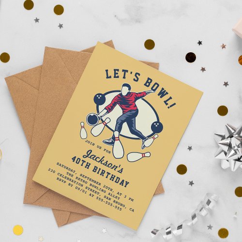Retro Navy Red  Mustard Bowling Birthday Party Invitation Postcard