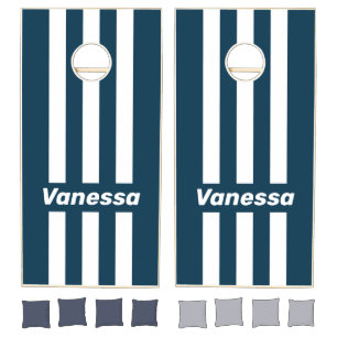 Retro Navy Three Pin Striped with Name Cornhole Set