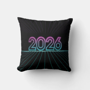 Retro Neon 2026 Sign with Vaporwave Pink and Cyan  Throw Pillow
