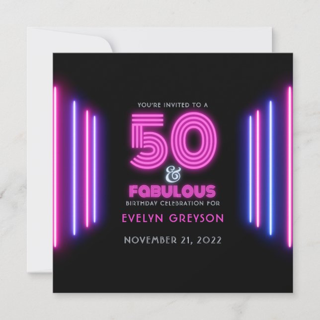 Retro Neon 50 & Fabulous 50th Birthday Party Invitation (Front)