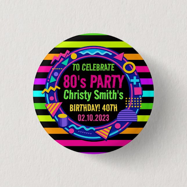 Retro Neon 80s Birthday adult Party Button (Front)