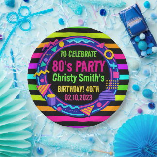 Retro Neon 80s Birthday adult Party Paper Plates