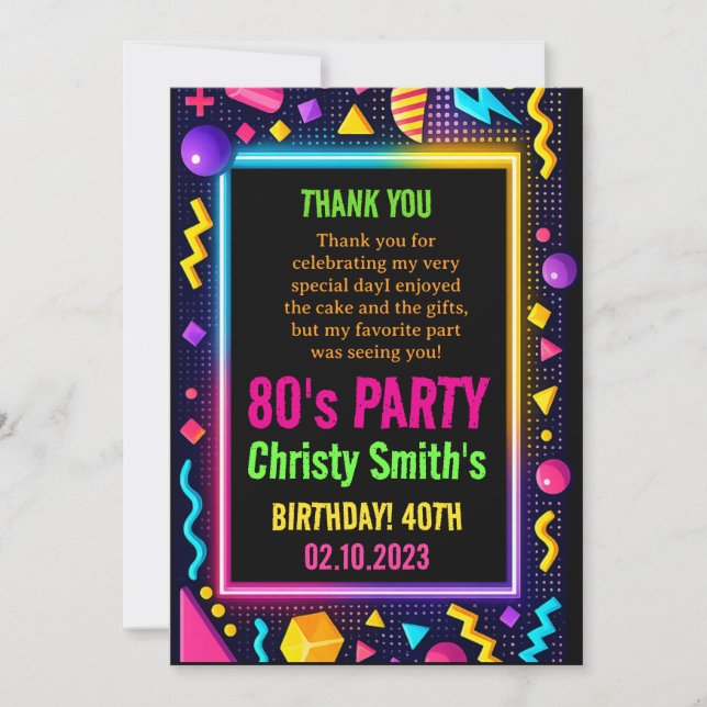 Retro Neon 80s Birthday Adult Party Thank You Card (Front)
