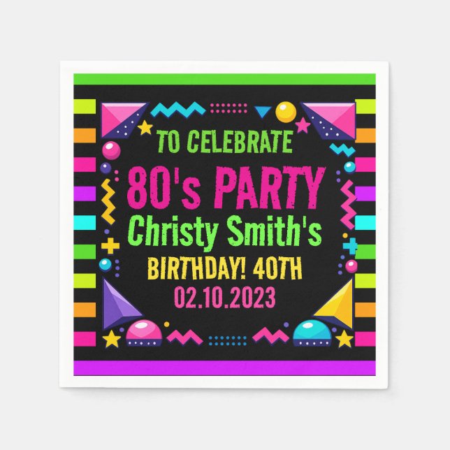 Retro Neon 80s Birthday Party Napkins (Front)