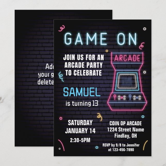 Retro Neon Arcade Game Birthday Party, Any Age Invitation (Front/Back)