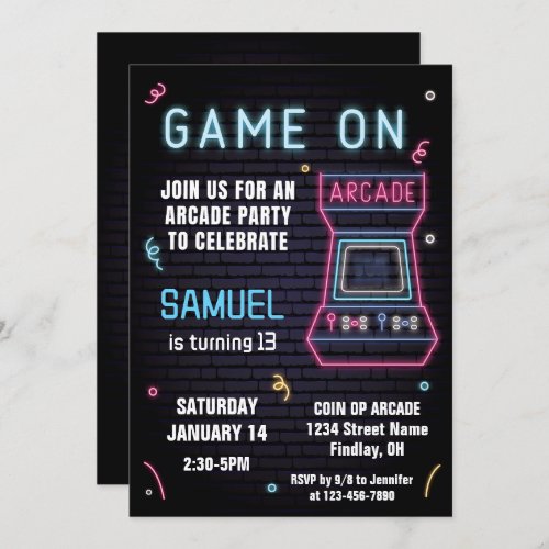 Retro Neon Arcade Game Birthday Party Any Age Invitation