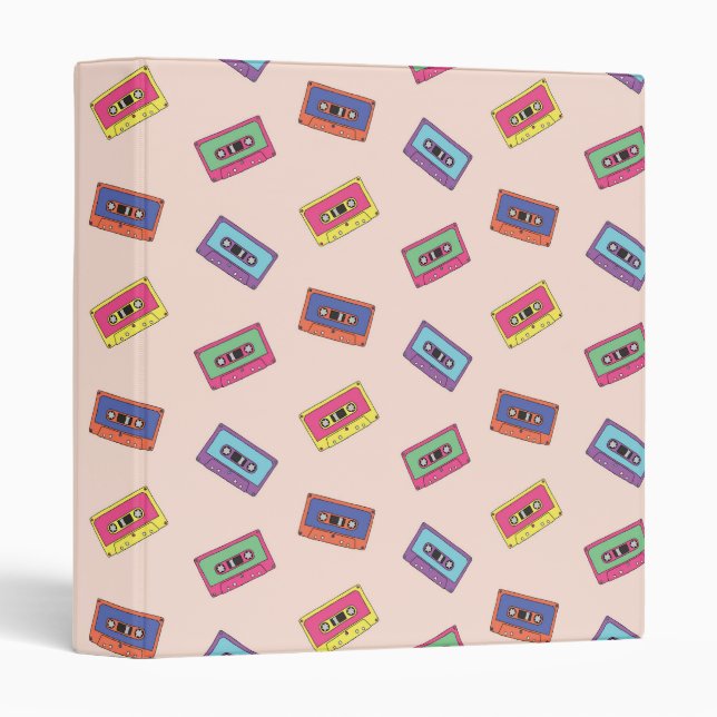 Retro Neon Audio Cassette Tape Pattern 3 Ring Binder (Front/Spine)