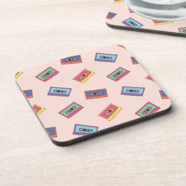 Retro Neon Audio Cassette Tape Pattern Beverage Coaster (Left Side)