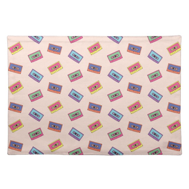 Retro Neon Audio Cassette Tape Pattern Cloth Placemat (Front)