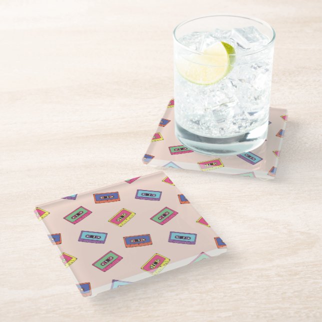 Retro Neon Audio Cassette Tape Pattern Glass Coaster (Angled)