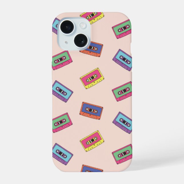 Retro Neon Audio Cassette Tape Pattern iPhone 15 Case (Back)