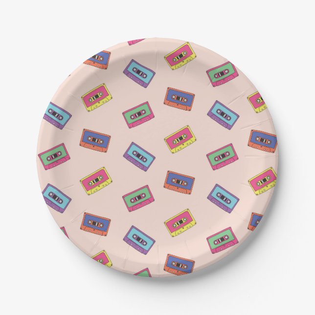 Retro Neon Audio Cassette Tape Pattern Paper Plates (Front)