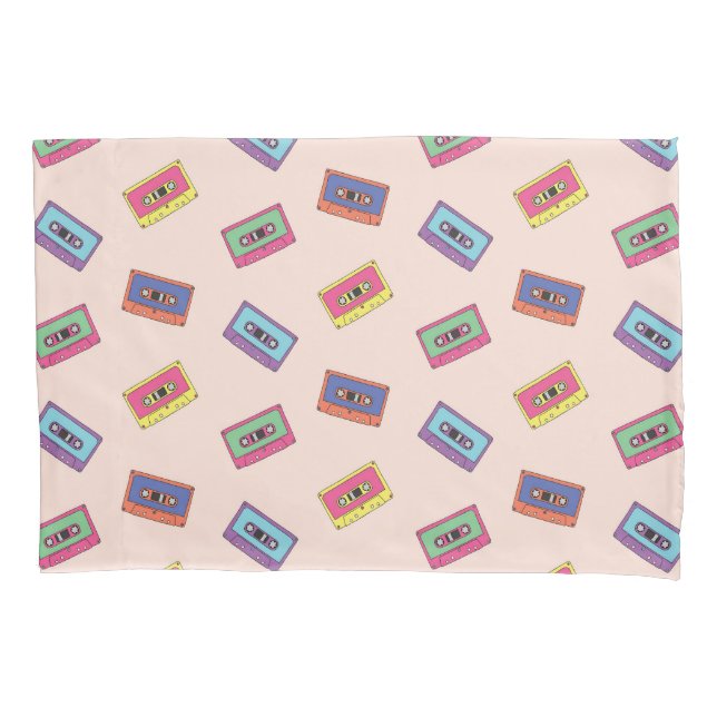 Retro Neon Audio Cassette Tape Pattern Pillow Case (Front-Left)