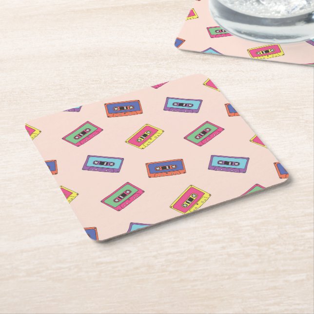 Retro Neon Audio Cassette Tape Pattern Square Paper Coaster (Angled)