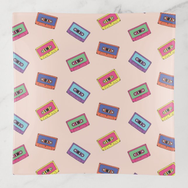 Retro Neon Audio Cassette Tape Pattern Trinket Tray (Front)