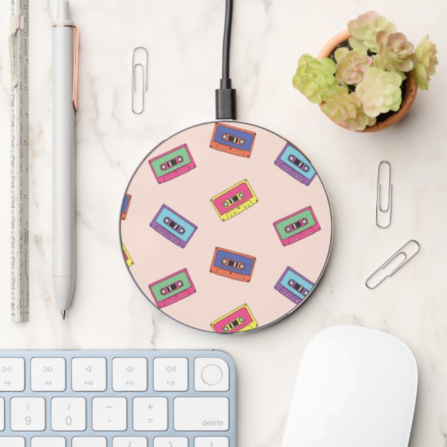 Retro Neon Audio Cassette Tape Pattern Wireless Charger (Desk)