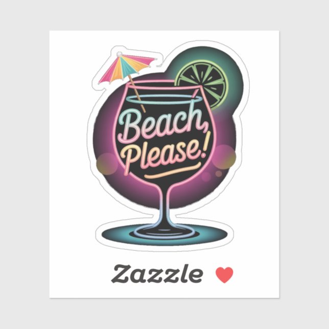 Retro Neon "Beach, Please!" Tropical Cocktail  Sticker (Sheet)