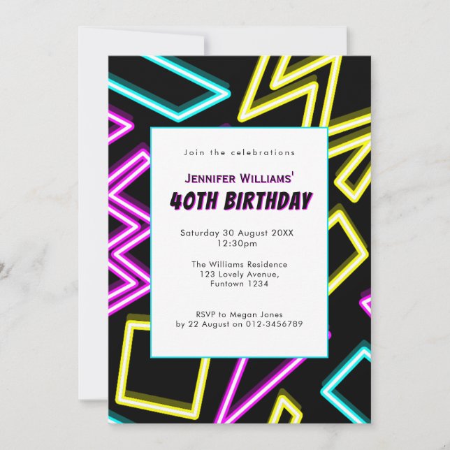 Retro Neon Black 40th Birthday Party Invitation (Front)