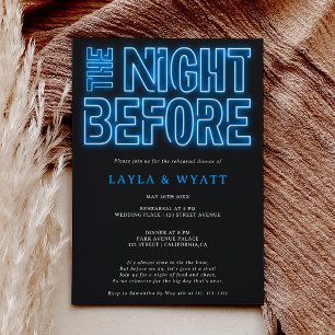 Retro neon blue night before rehearsal dinner invitation