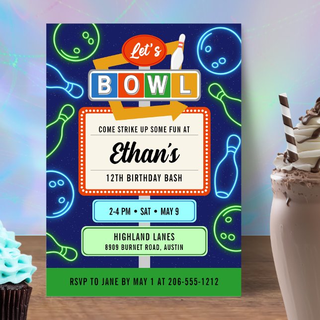 Retro Neon Bowling Invitation For Boy's Birthday (Retro Neon Bowling Invitation For Boy's Birthday Party)