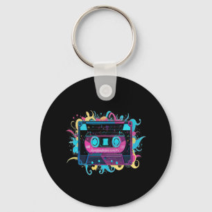 Retro Neon Cassette Tape with Vibrant Splash Keychain