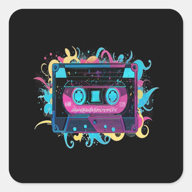 Retro Neon Cassette Tape with Vibrant Splash Square Sticker (Front)