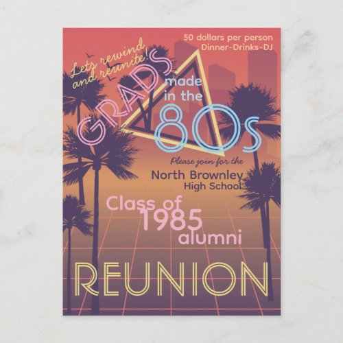 Retro Neon Colored Class Reunion Invite Postcard