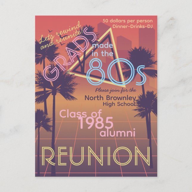 Retro Neon Colored Class Reunion Invite Postcard (Front)
