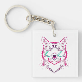 Retro neon cyber cat wearing sunglasses keychain